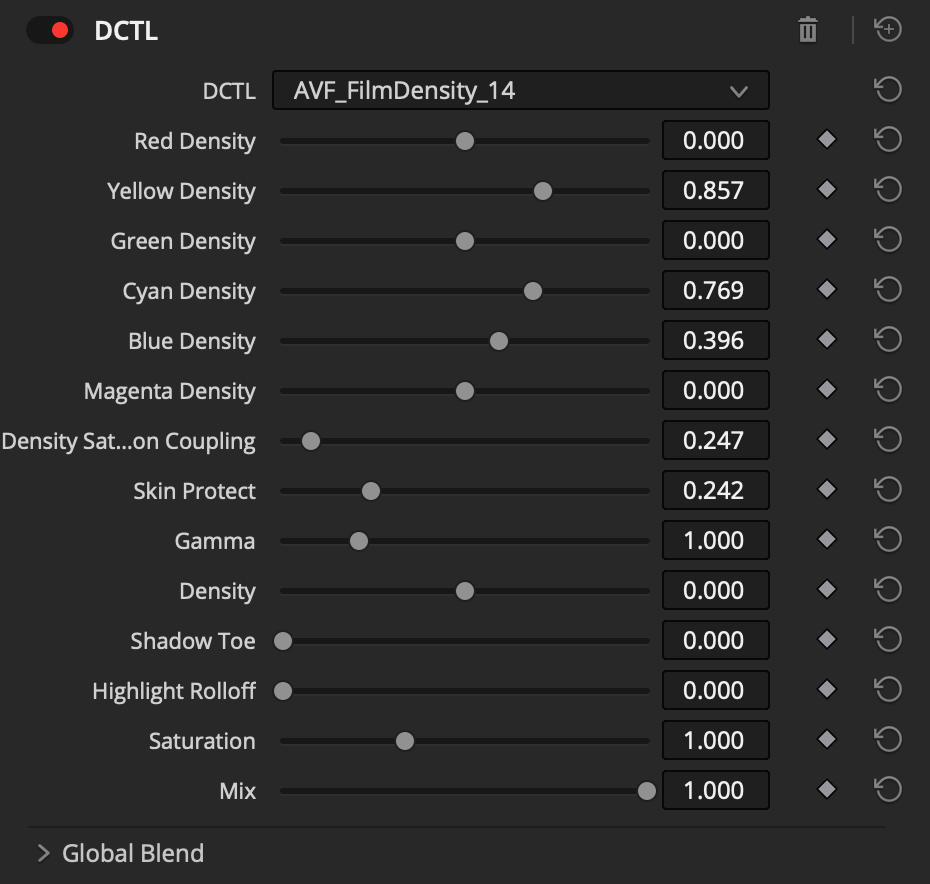 AVF FilmDensity V1 controls in DaVinci Resolve Studio